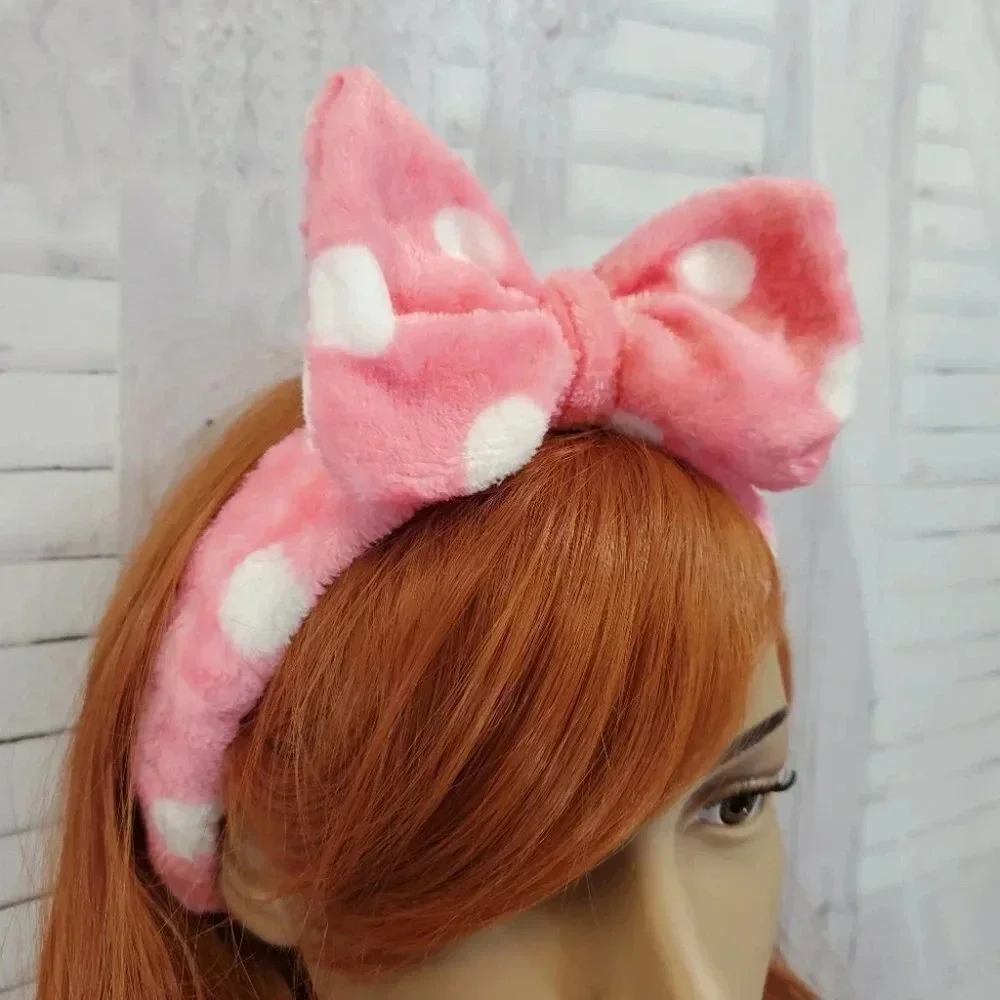 Pink and White Polka Dot- Super Plush Elastic Bow Spa Headband.